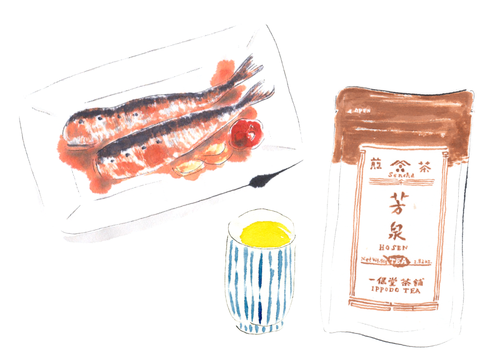 いわしの梅煮と煎茶芳泉。