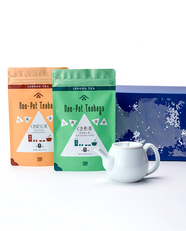 食卓セット(白磁ティーポット、三角茶袋くき煎茶、三角茶袋くきほうじ茶)